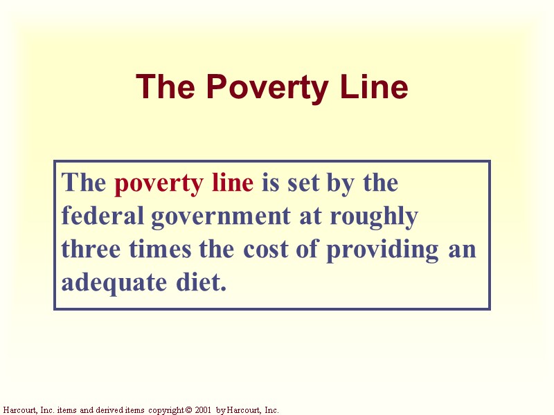 The Poverty Line The poverty line is set by the federal government at roughly